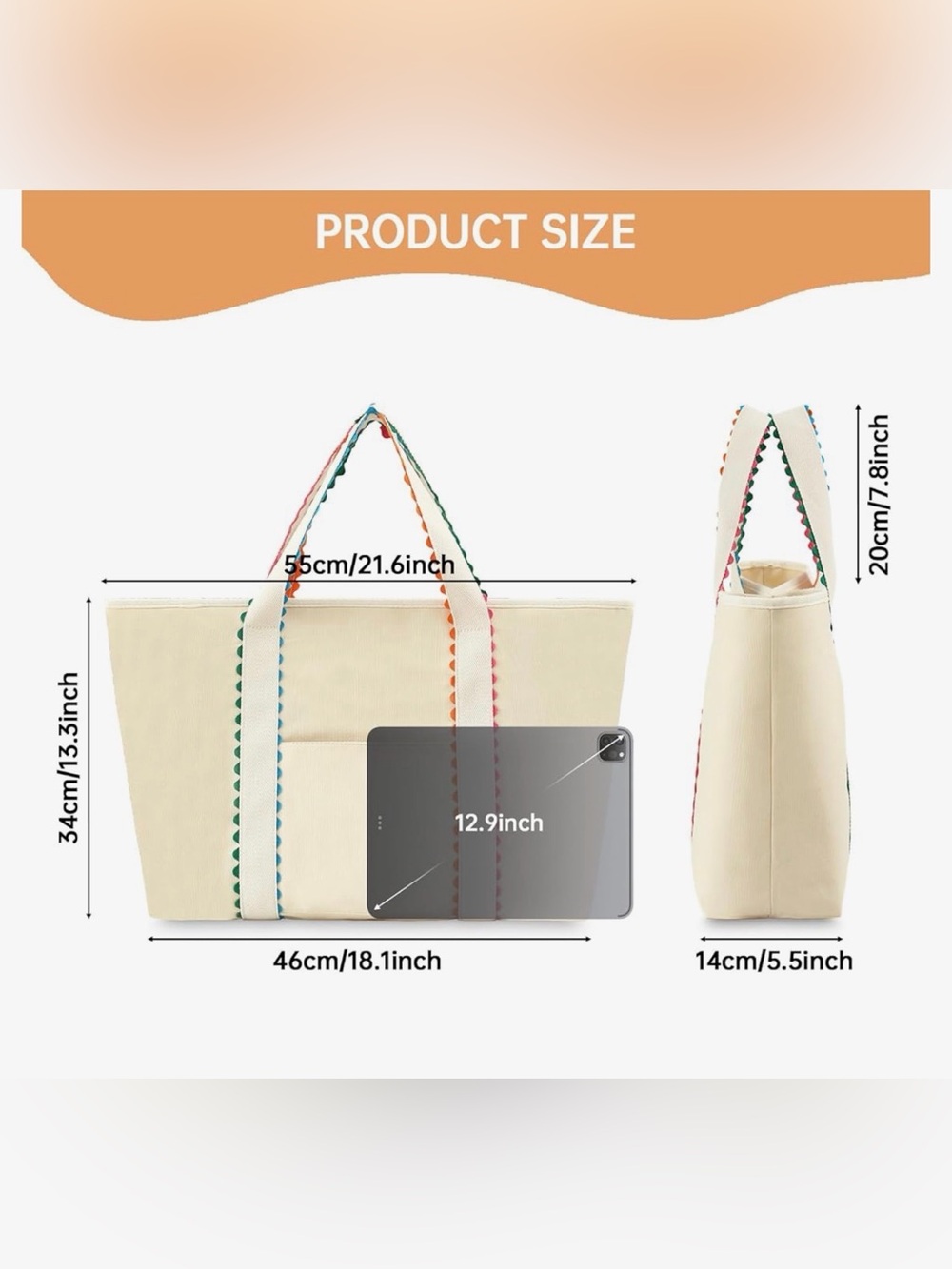 Canvas Tote Bag for, Rainbow Rick Rack Trim Handbag, Large Shoulder - Picture 6 of 16